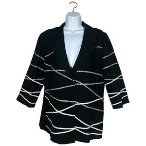 Ming Wang Womens L Black Knit Blazer Career Jacket Single Button Abstract Stripe